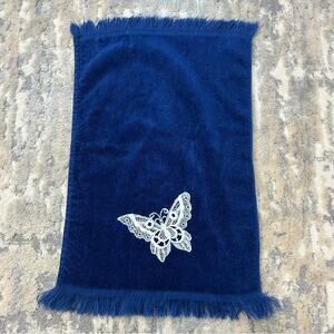 Vintage Martex Blue Embroidered Butterfly Fringe Hand Towel 11” x 17”